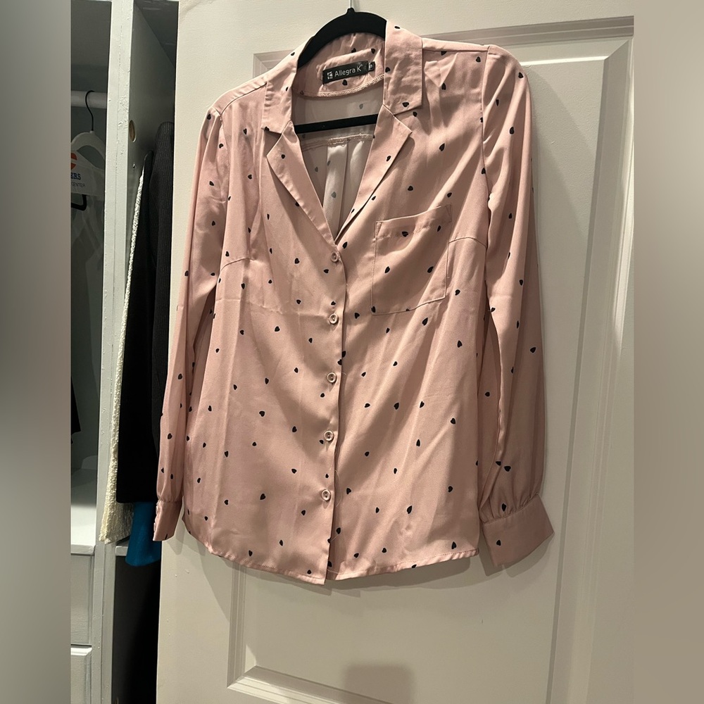 Pink Allegra K blouse with black hearts.  Great used condition.